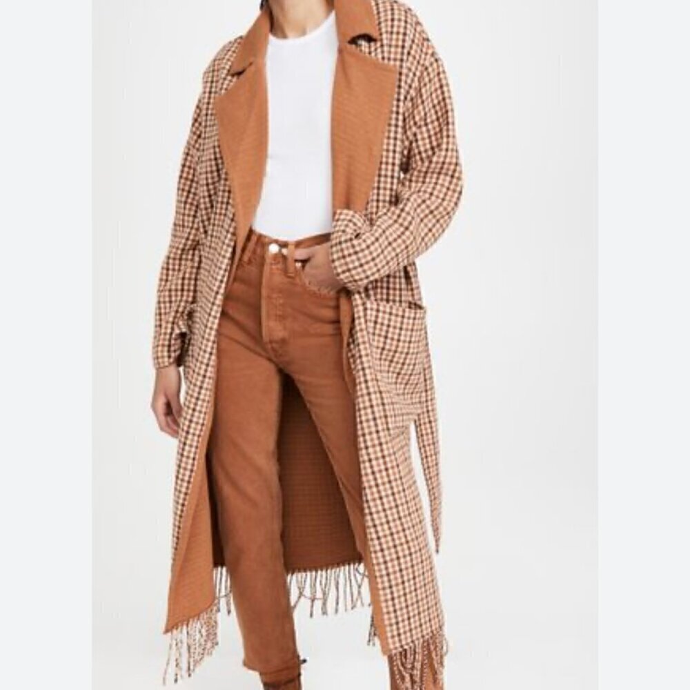 BB Dakota by Steve Madden That Covers It Checkered Fringe Coat In Caramel S‌‍‍‍‍
